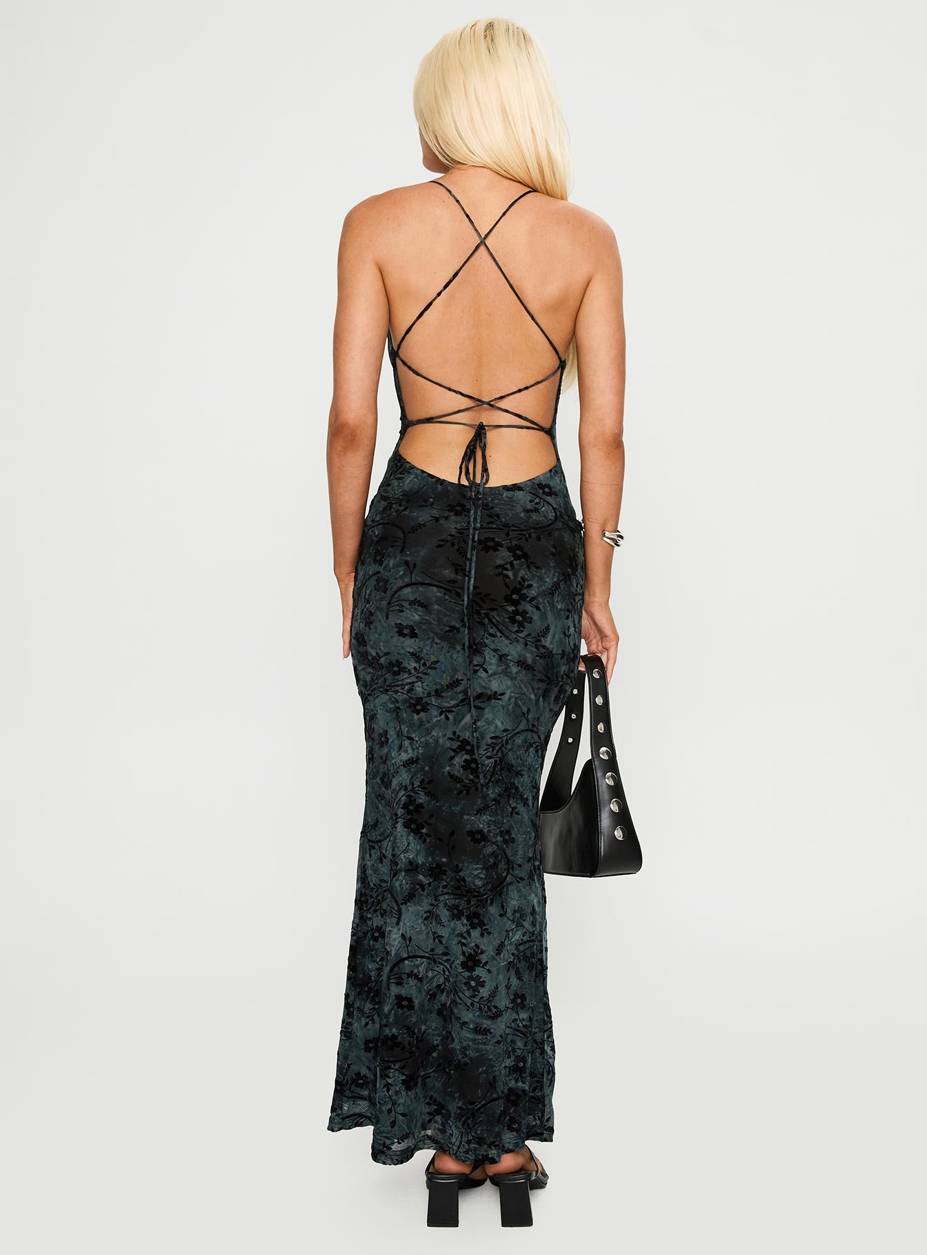 back view of model wearing Princess Polly Giorgiana Maxi Dress Black Cowl Neck 