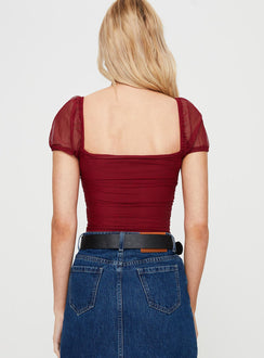 back view of model wearing Princess Polly Dostan Bodysuit Burgundy Short Sleeves Square Neck 