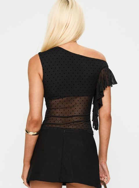 back view of model wearing Princess Polly Cicero One Shoulder Frill Top Black Sleeveless Asymmetric Neckline 