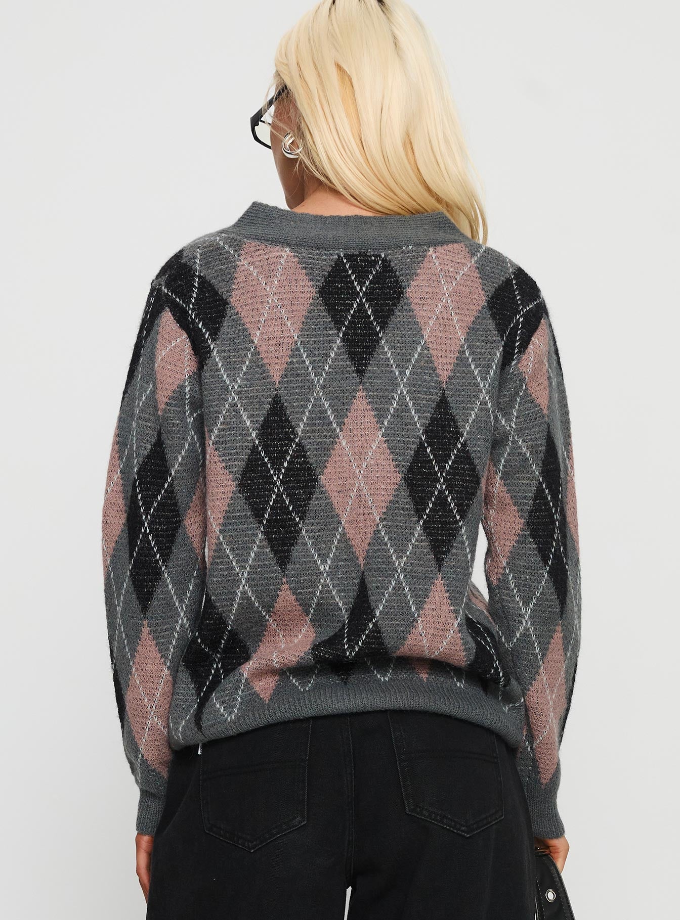 back view of model wearing Princess Polly Zeeva Button Through Knit Cardigan Grey Argyle Long 