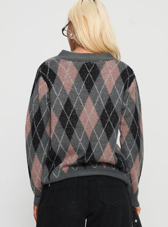 back view of model wearing Princess Polly Zeeva Button Through Knit Cardigan Grey Argyle Long 