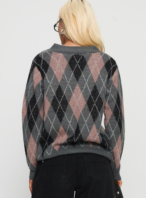 back view of model wearing Princess Polly Zeeva Button Through Knit Cardigan Grey Argyle Long 