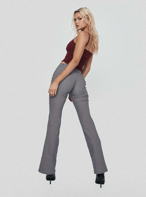 back view of model wearing Princess Polly Kinkirk Flared Pants Grey Tall Low Rise Pants 