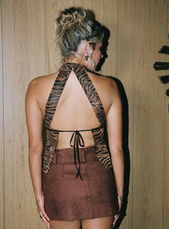 back view of model wearing Princess Polly Shakti Halter Top Tiger Sleeveless High Neck 