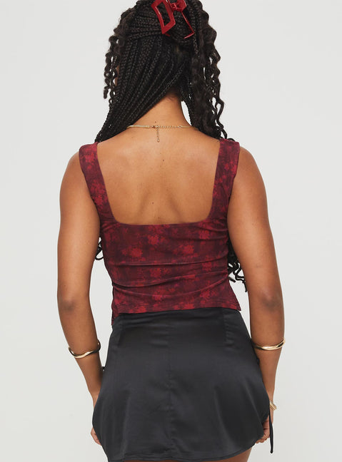 back view of model wearing Princess Polly Rehna Top Red Floral Sleeveless V-Neck 