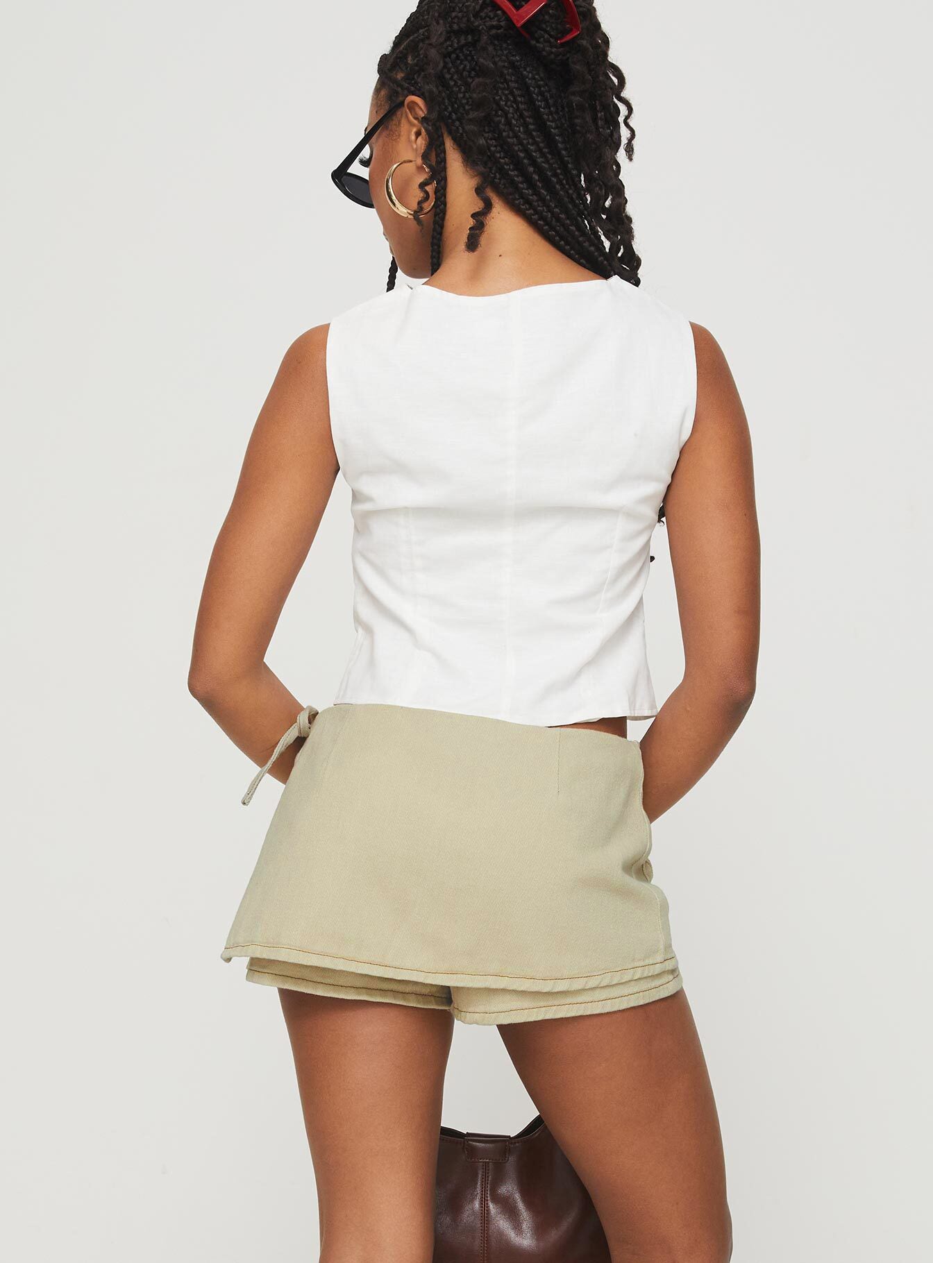 back view of model wearing Princess Polly Countryside Skort Ecru Low Rise Shorts 