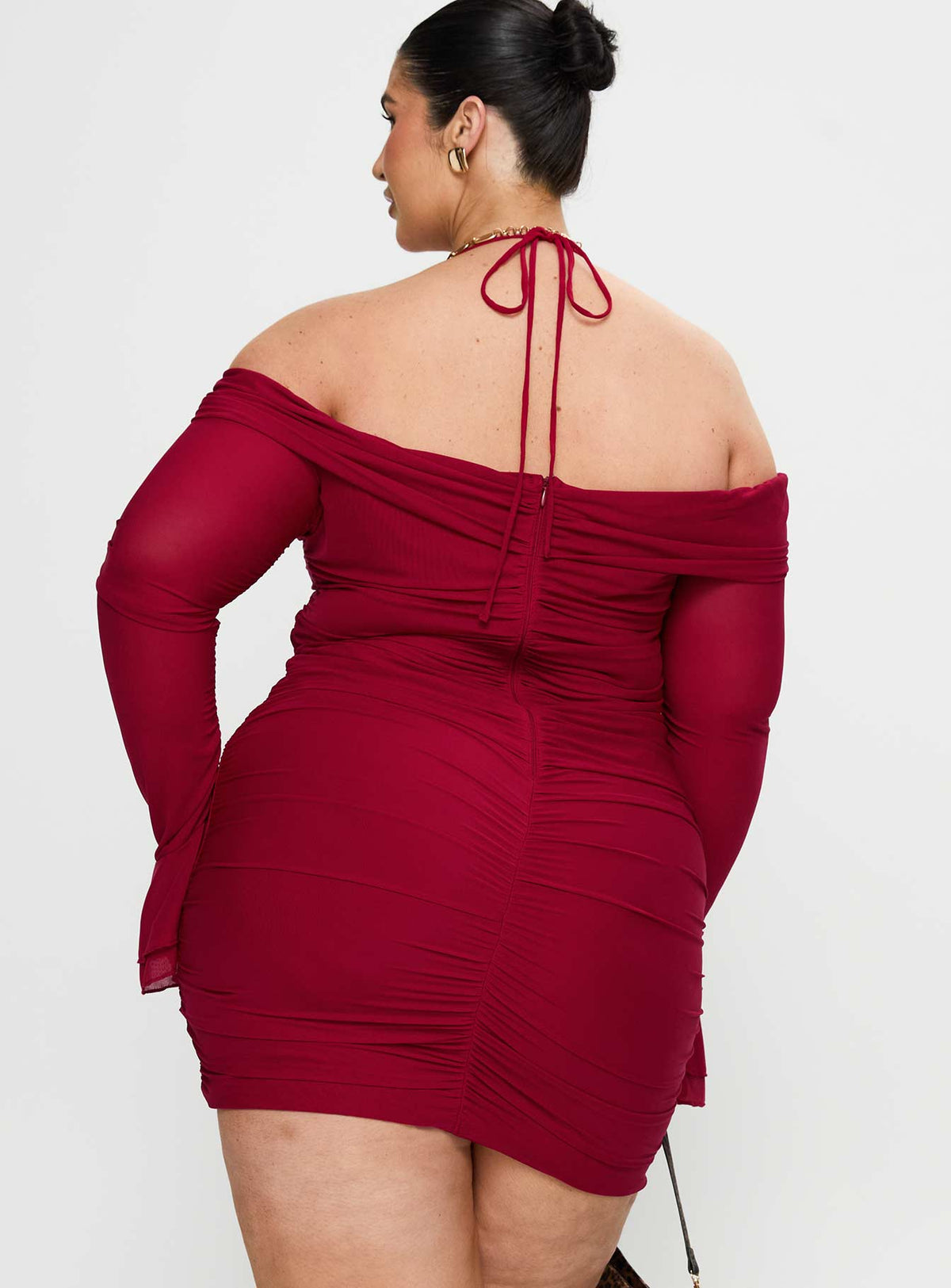 back view of model wearing Princess Polly Taylon Off The Shoulder Mini Dress Red Curve Straight Neck 