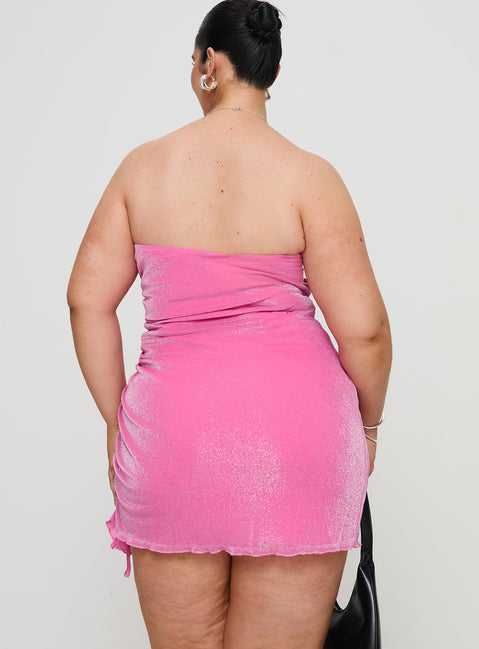 back view of model wearing Princess Polly Donelli Strapless Mini Dress Pink Curve Lower Impact Straight Neck 