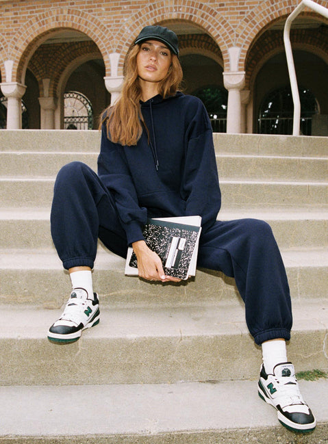 front view of model wearing Princess Polly Dream Fleece Classic Hoodie Navy Longline Jumpers Jumpers 