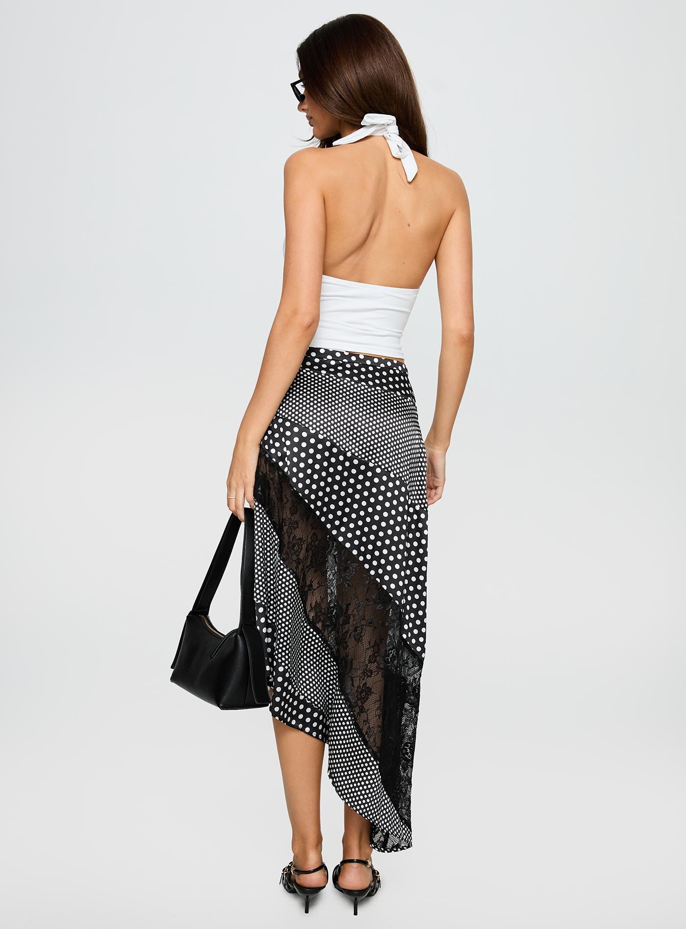 back view of model wearing Princess Polly Midnight Memories Asymmetrical Midi Skirt Black Multi Midi Skirts 