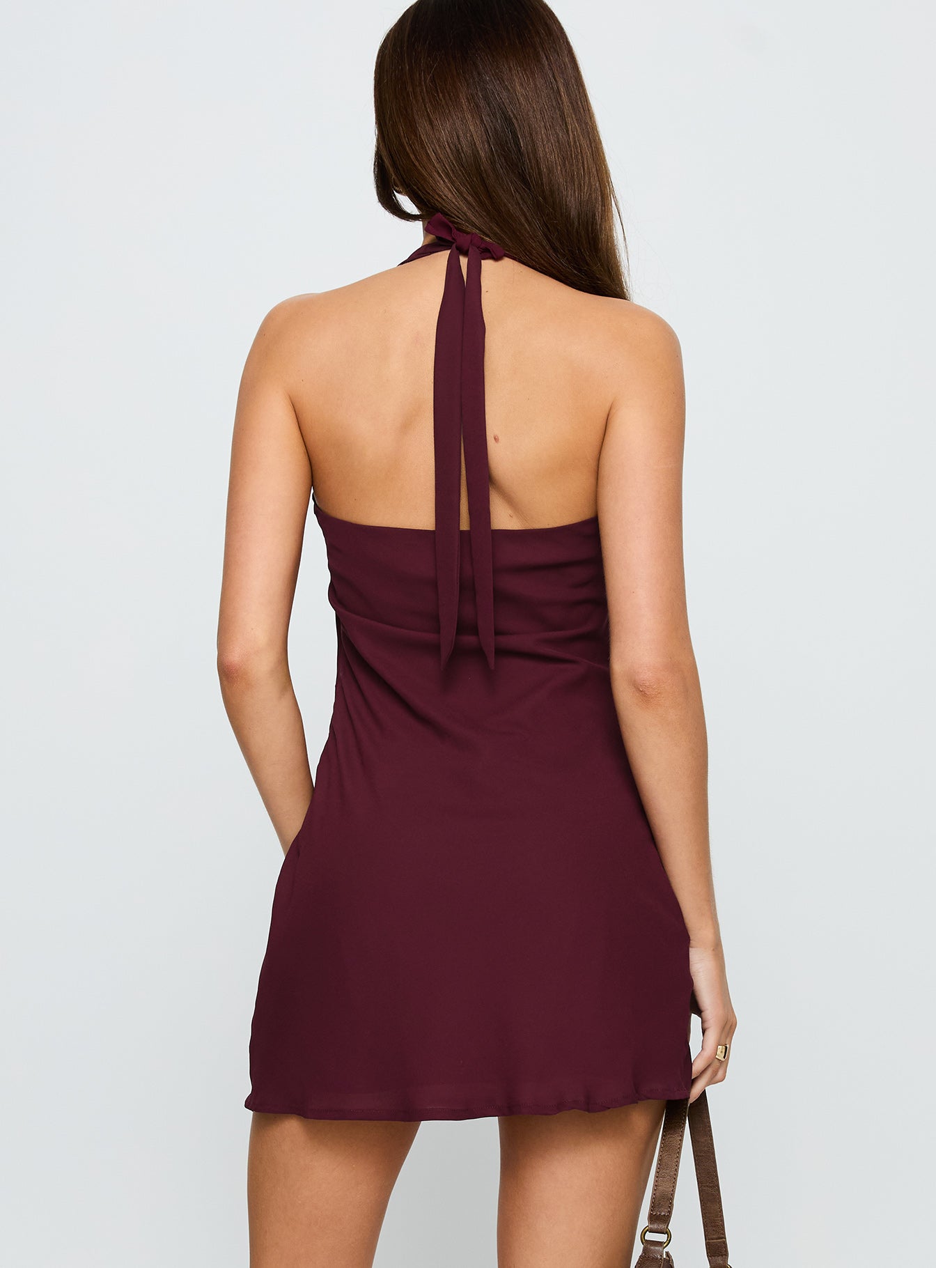 back view of model wearing Princess Polly Ocean Boulevard Plunge Mini Dress Currant Cowl Neck 