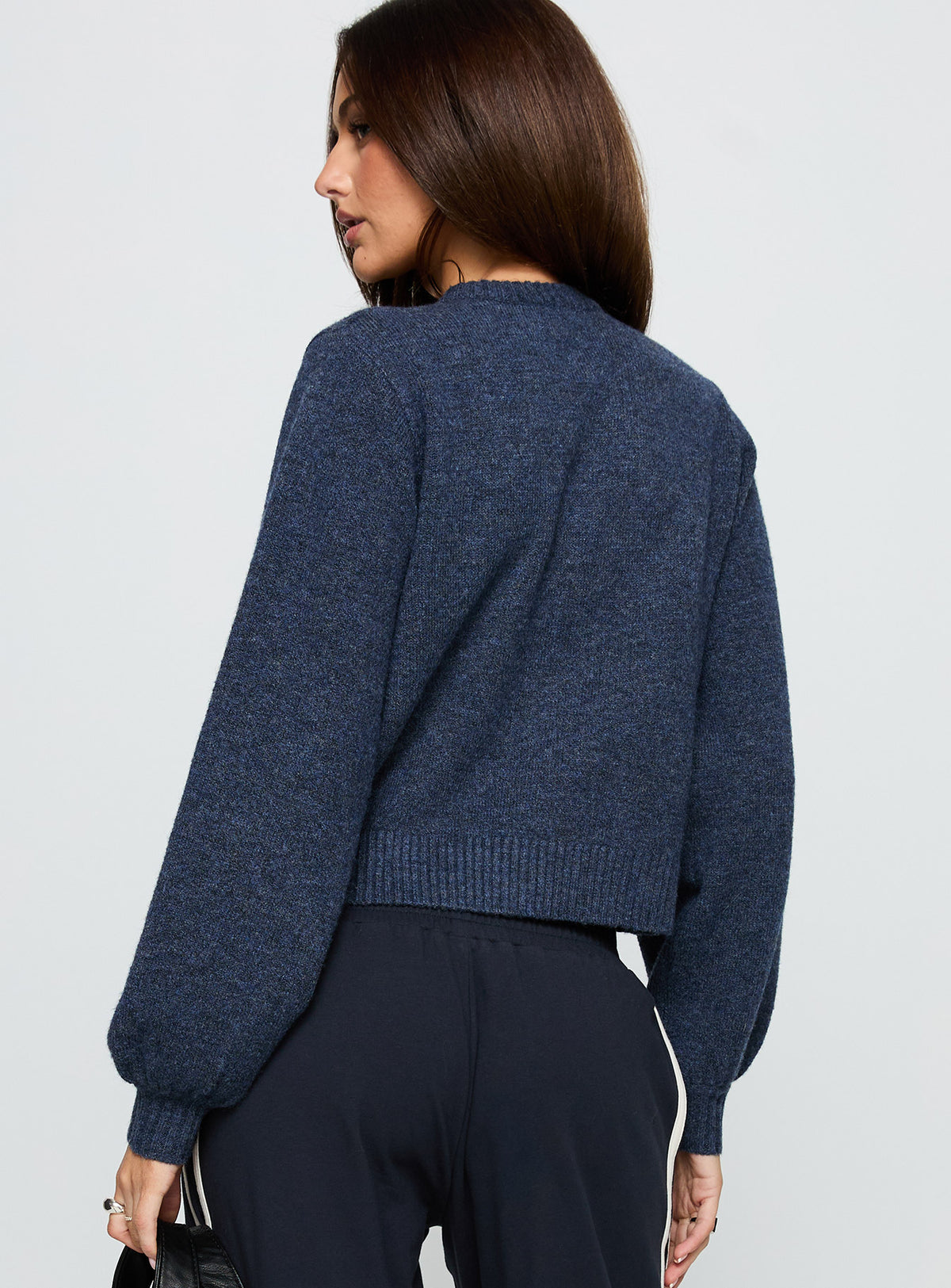 Designed with the Kammi Button Up Cardigan Navy in womens jumpers featuring short length back view of model wearing Princess Polly