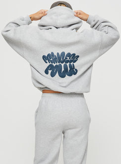 back view of model wearing Princess Polly Princess Polly Hooded Sweatshirt Bubble Text Grey Marle / Slate Jumpers 