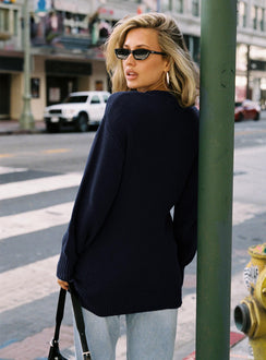 back view of model wearing Princess Polly Amsterdam Sweater Navy Longline Jumpers 