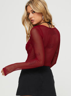 back view of model wearing Princess Polly Leonie Bodysuit Burgundy Long Sleeve Tops 