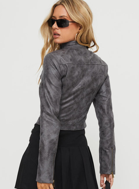 Moto jacket Faux leather material, double chest pockets, brass-toned hardware Zip & button fastenings