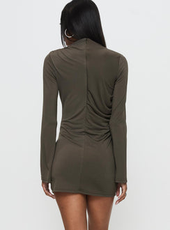 back view of model wearing Princess Polly Arte Deco Long Sleeve Mini Dress Mocha High Neck 