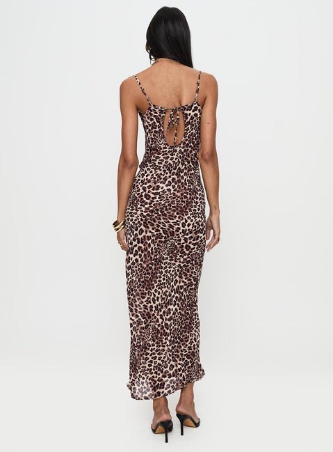 back view of model wearing Princess Polly Paolina Maxi Dress Leopard Cowl Neck 