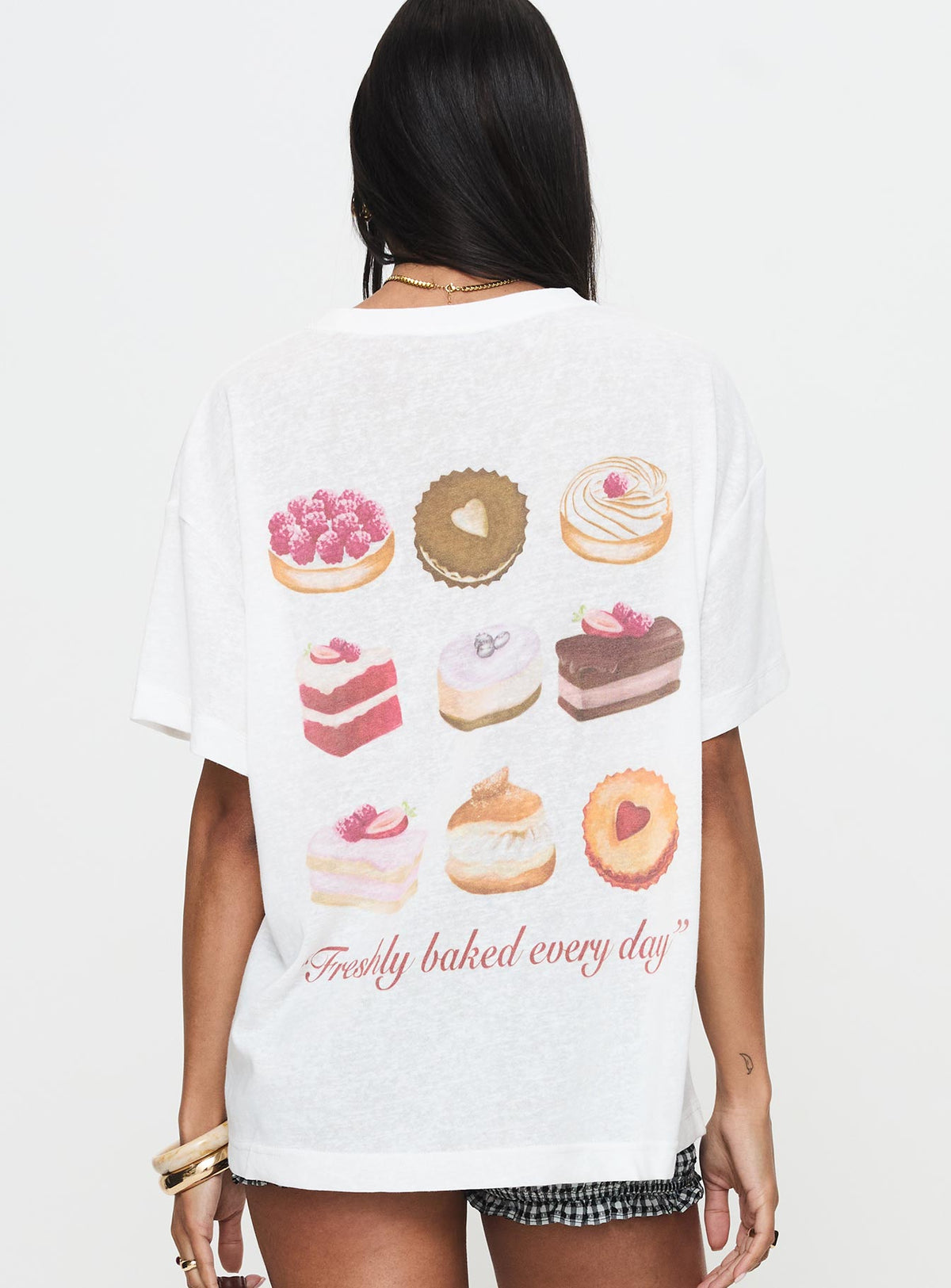 back view of model wearing Princess Polly Bakery Caked Oversized Tee Cream Half Sleeves Crew Neck 