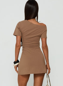 Avriana Off Shoulder T-Shirt Mini Dress Brown
