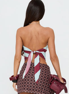 Lailana Tie Back Strapless Scarf Top Burgundy / Blue Stripe