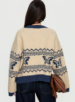 back view of model wearing Princess Polly Wynoni Alpine Knit Cardigan Beige / Navy Longline Jumpers 