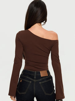 back view of model wearing Princess Polly Raissa Cut Out One Shoulder Bodysuit Brown Long Sleeve Tops 