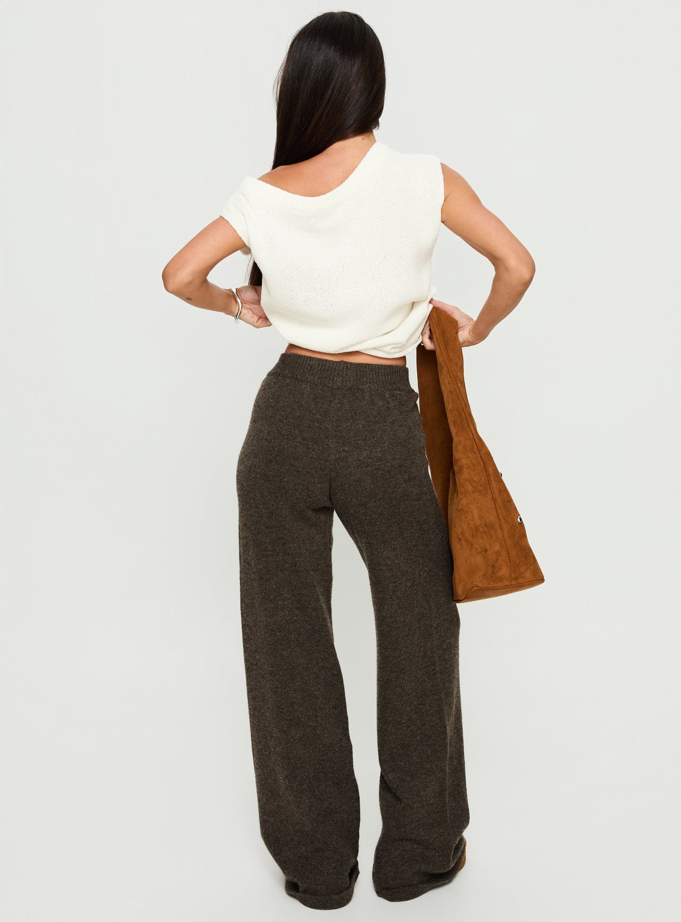 back view of model wearing Princess Polly Karee Knit Pants Brown High Rise Pants 