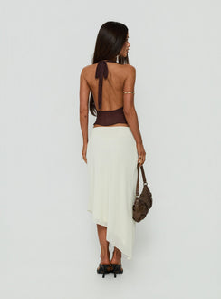 Presenting the Suella Asymmetrical Midi Skirt Off White in womens-skirts with a midi length back view of model wearing Princess Polly