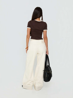 back view of model wearing Princess Polly Nikoletta Foldover Jeans Cream / Polka Mid Rise Jeans 