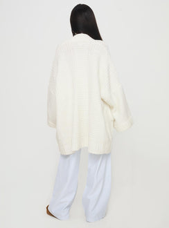 back view of model wearing Princess Polly Paisleigh Cable Knit Cardigan Cream Longline Jumpers Jumpers 