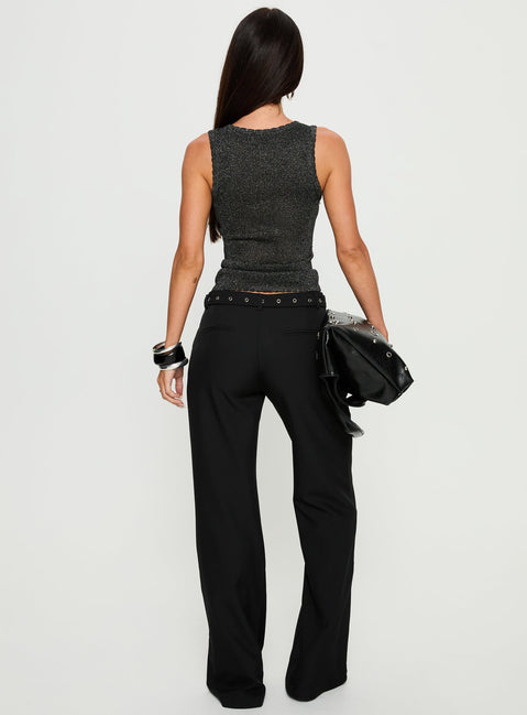back view of model wearing Princess Polly Deonne Straight Leg Buckle Pants Black Mid Rise Pants 