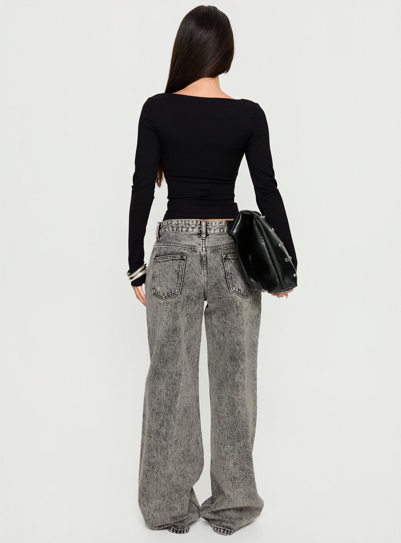 back view of model wearing Princess Polly Serenitia Mid Rise Relaxed Jeans Washed Grey Mid Rise Jeans 