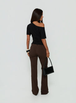 Crafted from quality fabric the Kinkirk No Waist Flared Pants Chocolate Pinstripe in womens regular pants with mid-rise detail back view of model wearing Princess Polly