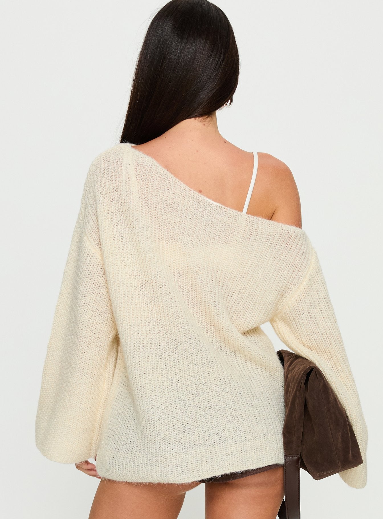 back view of model wearing Princess Polly Delyn Off Shoulder Slouchy Knit Sweater Cream Longline Jumpers 
