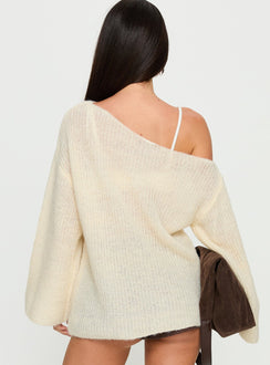 back view of model wearing Princess Polly Delyn Off Shoulder Slouchy Knit Sweater Cream Longline Jumpers 