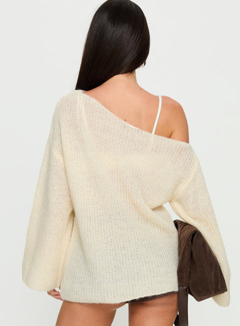 back view of model wearing Princess Polly Delyn Off Shoulder Slouchy Knit Sweater Cream Longline Jumpers 