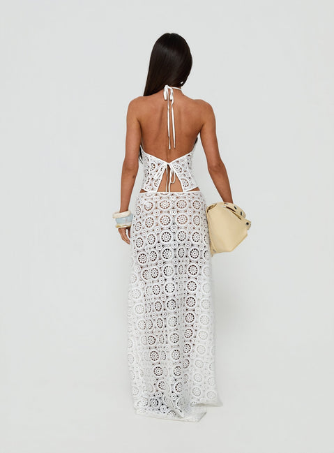 Showcasing the Starting Fresh Crochet Maxi Skirt White womens-skirts with fitted aline cut back view of model wearing