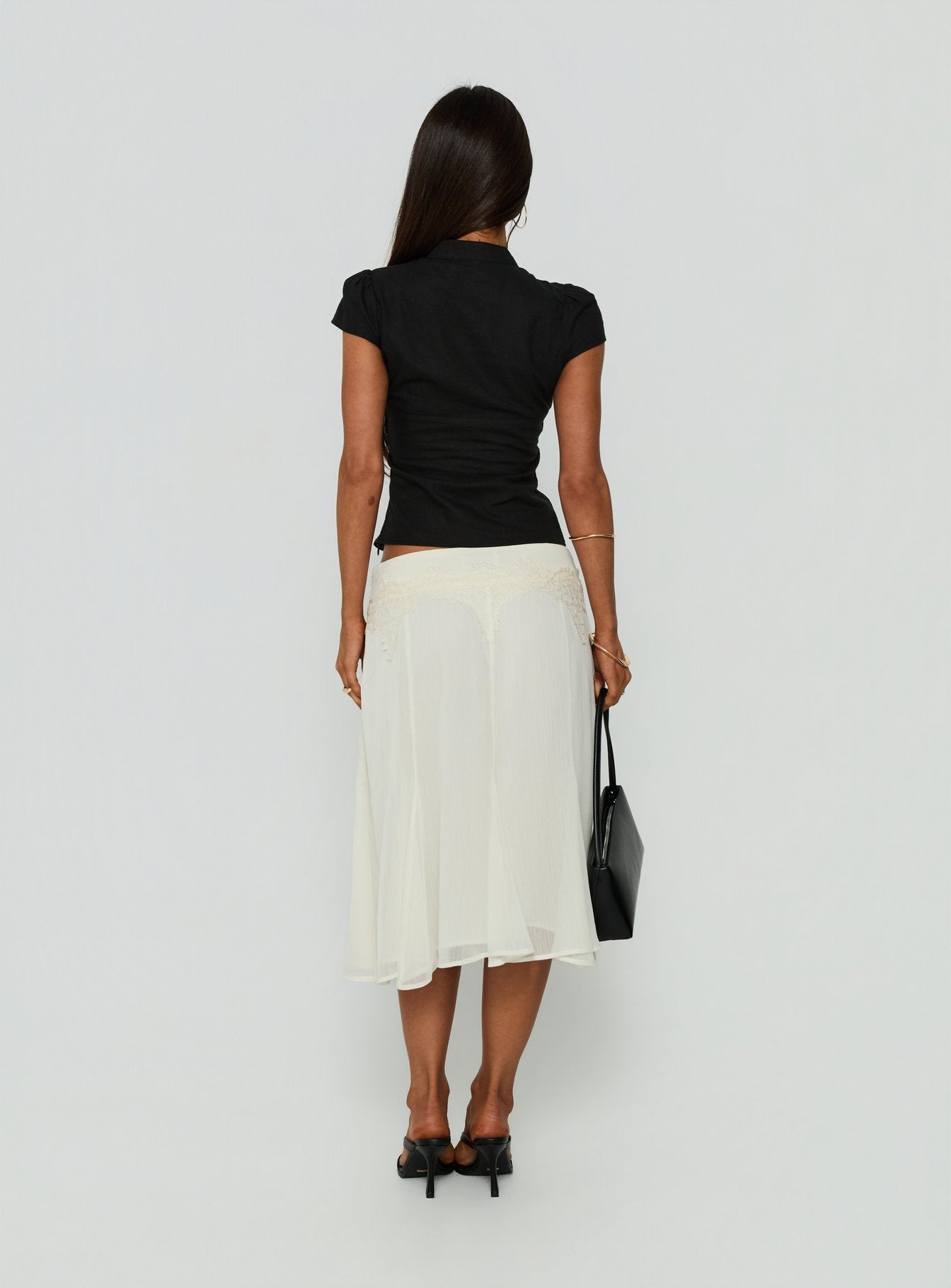 Presenting the Ambrosea Panelled Midi Skirt Cream womens-skirts with fitted silhouette back view of model wearing Princess Polly