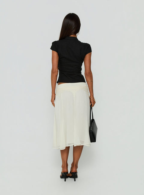 Presenting the Ambrosea Panelled Midi Skirt Cream womens-skirts with fitted silhouette back view of model wearing Princess Polly
