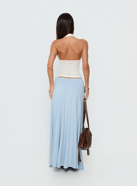 back view of model wearing Princess Polly Nola Hardware Slit Maxi Skirt Blue Maxi Skirts 