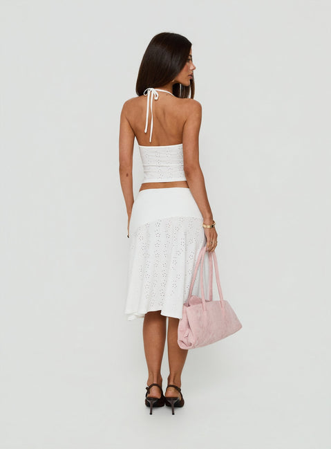 Displaying the Opalie Asymmetrical Midi Skirt White Broderie in womens-skirts with lace hemline back view of model wearing Princess Polly
