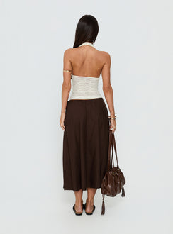 back view of model wearing Princess Polly Persuasion Tie Side Midi Skirt Chocolate Midi Skirts 