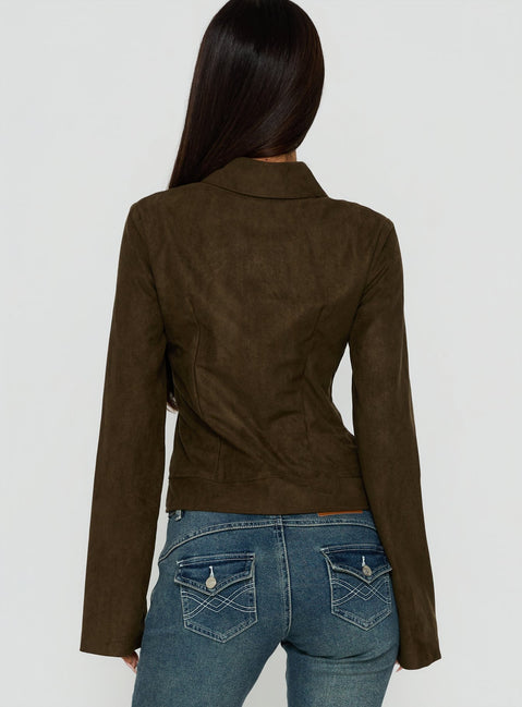 Kelehan Long Sleeve Faux Suede Zip Front Jacket Khaki