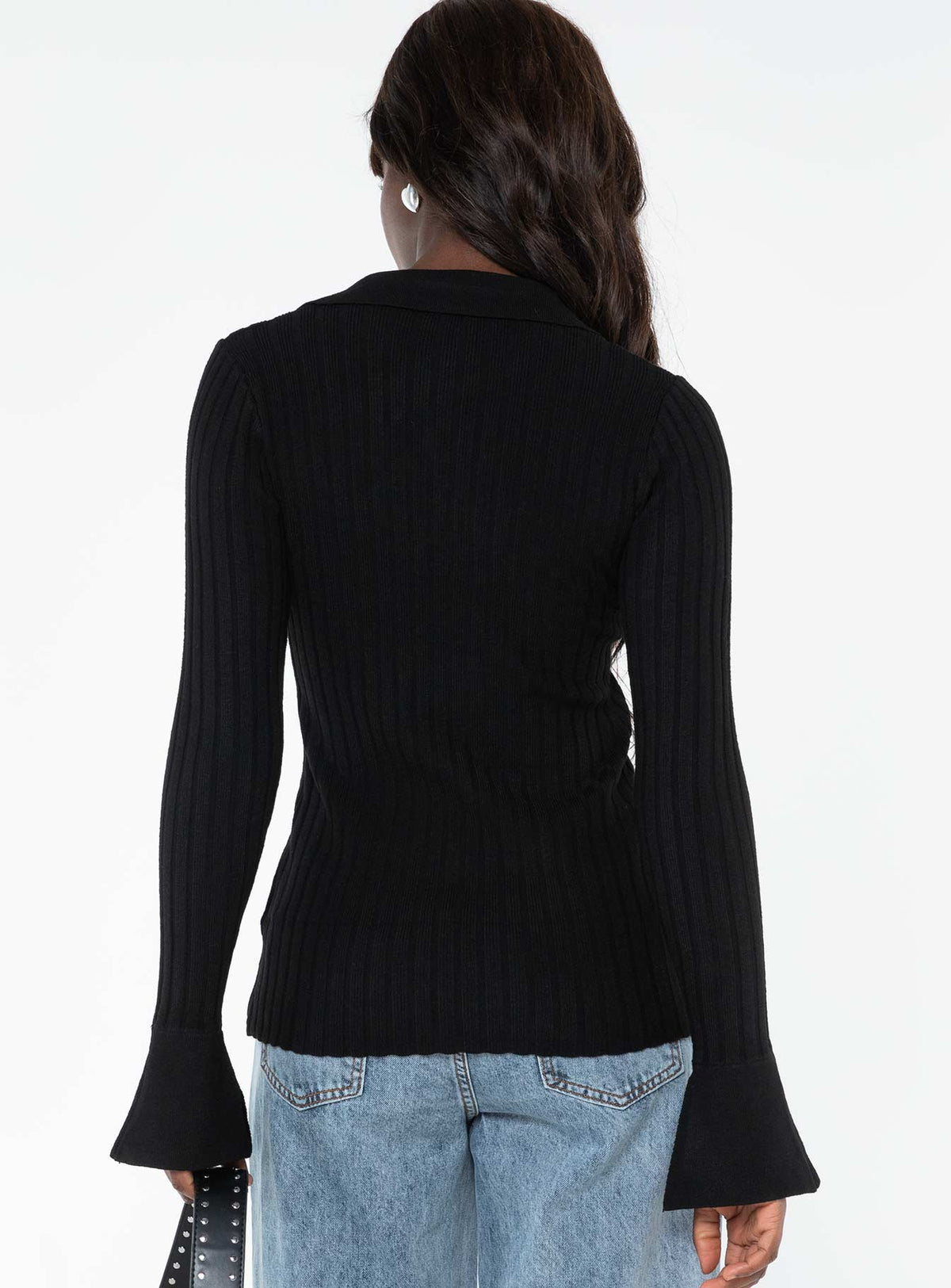 back view of model wearing Princess Polly Anneke Collared Cardigan Black Longline Jumpers Jumpers 