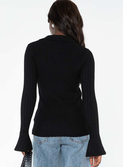 back view of model wearing Princess Polly Anneke Collared Cardigan Black Longline Jumpers Jumpers 
