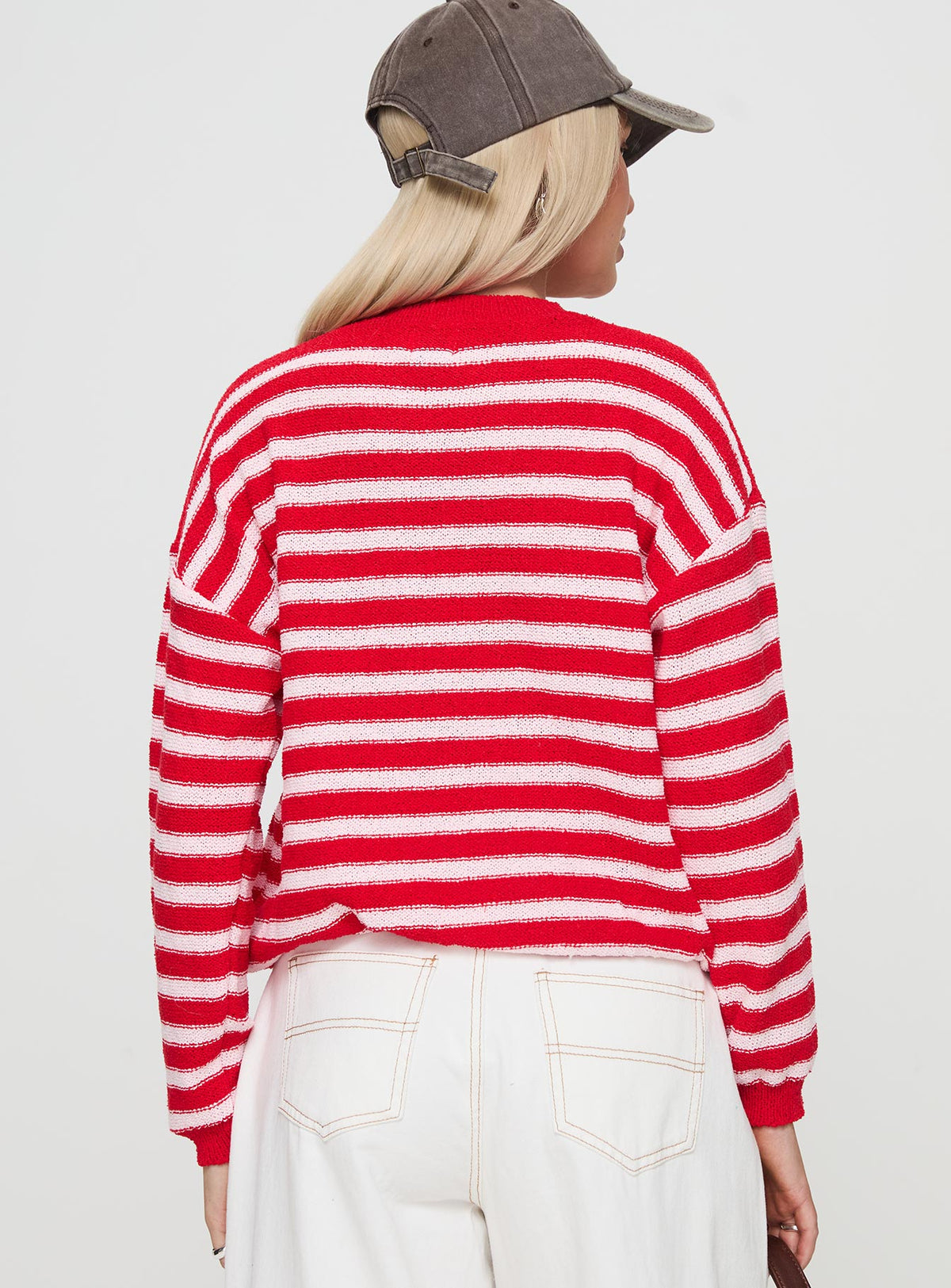 back view of model wearing Princess Polly Freeze Knit Sweater Red Cropped 