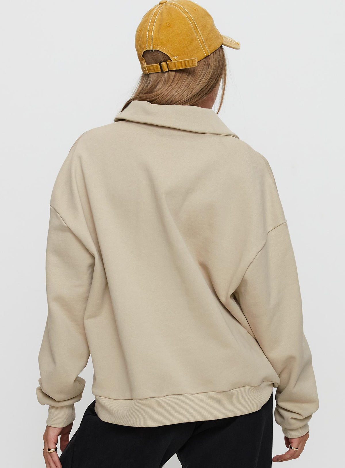 back view of model wearing Princess Polly Back Around Collared Fleece Jumper Oat Long 