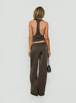 Beautifully crafted Dialled Up Tie Waist Satin Pants Mocha in womens regular pants with mid-rise back view of model wearing