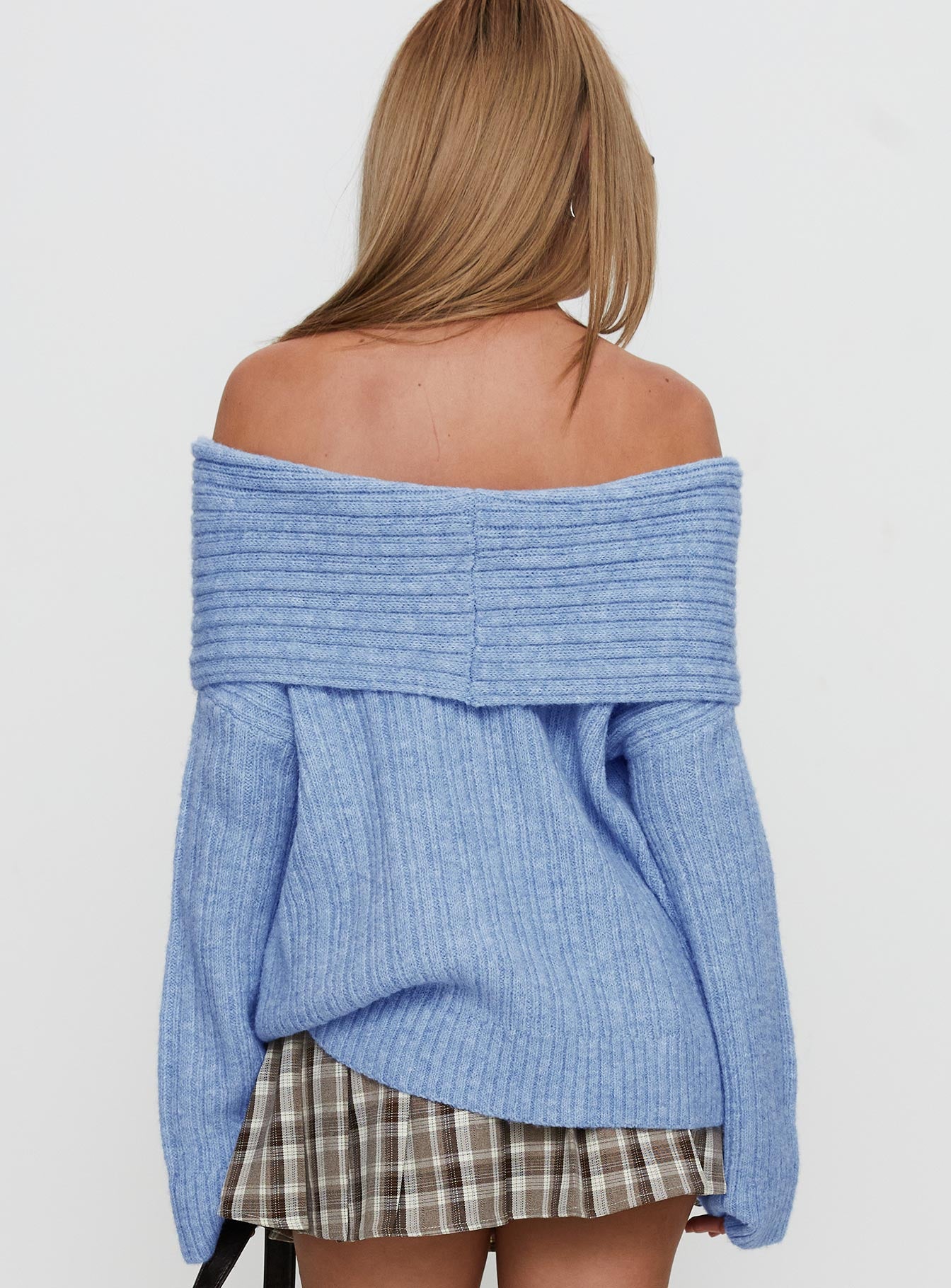 back view of model wearing Princess Polly Snowie Off Shoulder Knit Sweater Blue Longline Jumpers 